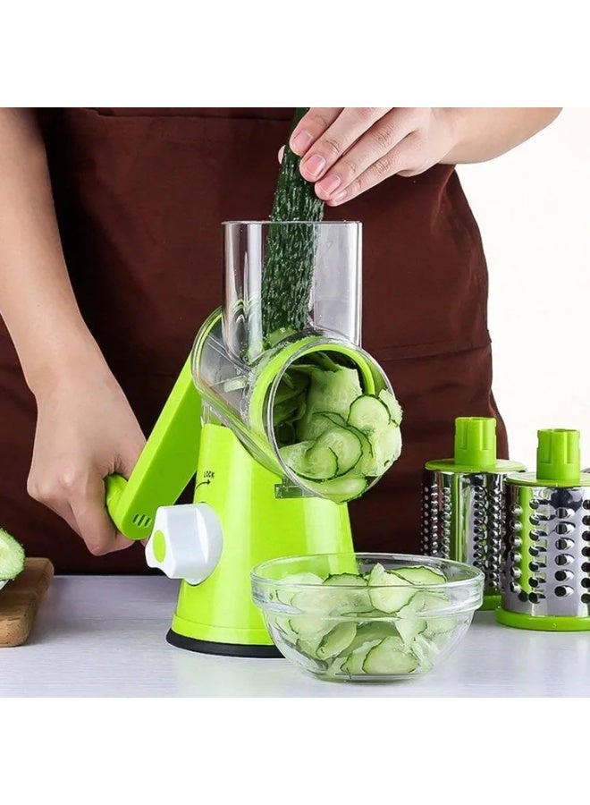 3-in-1 Manual Tabletop Drum Slicer & Vegetable Grater - Rotary Cheese Shredder, Mandoline Cutter & Nut Grinder with 3 Interchangeable Stainless Steel Blades & Suction Base (Green) - Image 5